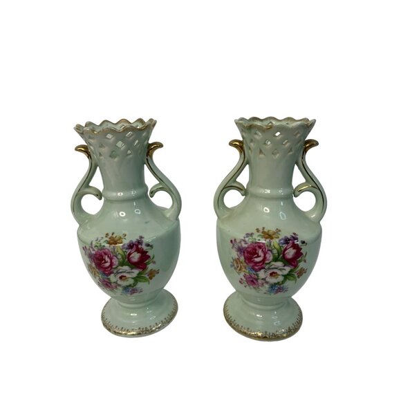 VTG French Bouquet NW-FB Porcelain Vases 8.0" Tall Floral Design 7301 Japan - Picture 3 of 9